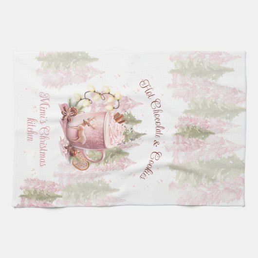 Linge De Cuisine Chocolat chaud et biscuits Nom Noël rose (Horizontal)