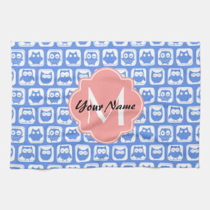 Linge De Cuisine Chouette bleue Motif Corail Monogramme Nom personn