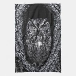 Linge De Cuisine Chouette dans un arbre noir et blanc