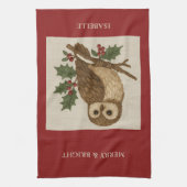 Linge De Cuisine Chouette de Noël brodée rustique avec Holly (Vertical)