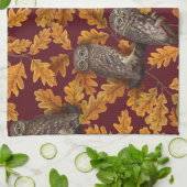 Linge De Cuisine Chouettes d'automne sur rouge foncé (Plié)