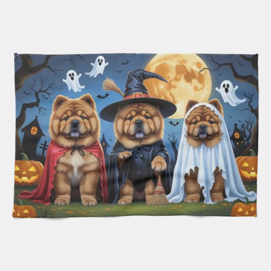 Linge De Cuisine Chow Chow Chien Citrouille Halloween drôle (Horizontal)