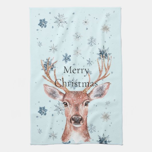 Linge De Cuisine Christmas Blue Snowflakes Deer  (Vertical)