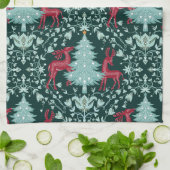 Linge De Cuisine Christmas Folk Art Red Reindeer and Tree (Plié)
