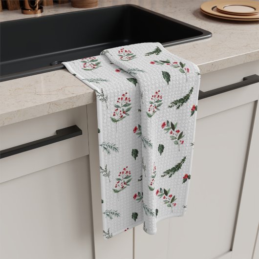 Linge De Cuisine Christmas Greenery et Holly Berries Motif
