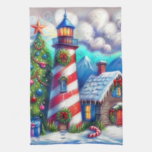 Linge De Cuisine Christmas Lighthouse Nautical Coastal Mountain (Vertical)