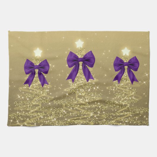 Linge De Cuisine Christmas Sparkling Trees Gold Faux Purple Bow  (Horizontal)