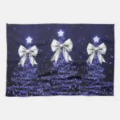 Linge De Cuisine Christmas Sparkling Trees Navy Faux Silver Bow  (Horizontal)