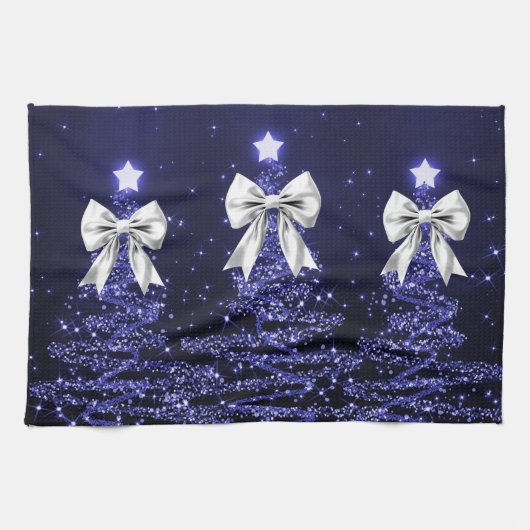 Linge De Cuisine Christmas Sparkling Trees Navy Faux Silver Bow  (Horizontal)