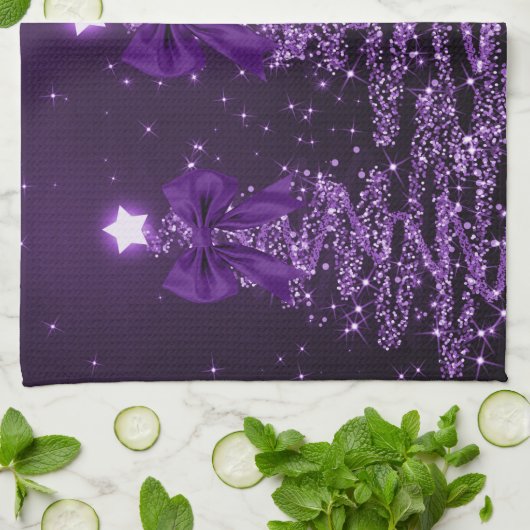 Linge De Cuisine Christmas Sparkling Trees Purple Faux Bow  (Plié)