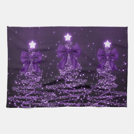 Linge De Cuisine Christmas Sparkling Trees Purple Faux Bow  (Horizontal)