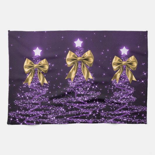 Linge De Cuisine Christmas Sparkling Trees Purple Faux Gold Bow  (Horizontal)