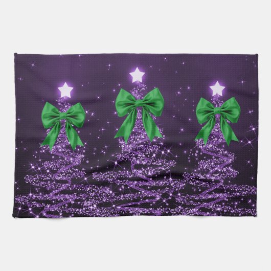 Linge De Cuisine Christmas Sparkling Trees Purple Faux Green Bow  (Horizontal)