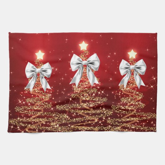 Linge De Cuisine Christmas Sparkling Trees Red Gold Silver Bow (Horizontal)