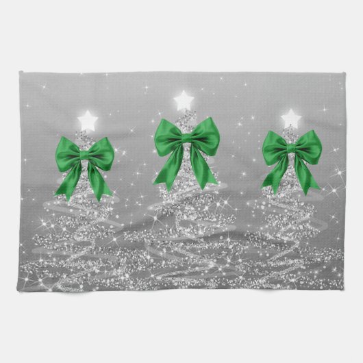 Linge De Cuisine Christmas Sparkling Trees Silver Faux Green Bow (Horizontal)