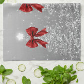 Linge De Cuisine Christmas Sparkling Trees Silver Faux Red Bow  (Plié)