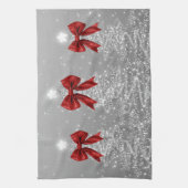 Linge De Cuisine Christmas Sparkling Trees Silver Faux Red Bow  (Vertical)