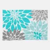 Linge De Cuisine Chrysanthèmes turquoise et gris Motif floral (Horizontal)