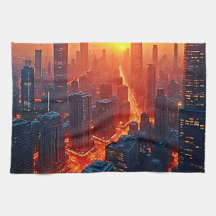 Linge De Cuisine Ciel Doré : Art du Coucher de Soleil sur la Ville 