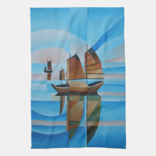Linge De Cuisine Ciel doux, Mer Céruleenne et Joncs Cubistes