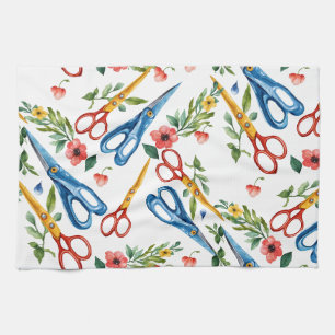 Linge De Cuisine Ciseaux à l'aquarelle & Motif sans fin de fleurs s