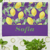 Linge De Cuisine Citron jaune motif nom personnalisé violet (Plié)