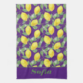 Linge De Cuisine Citron jaune motif nom personnalisé violet (Vertical)