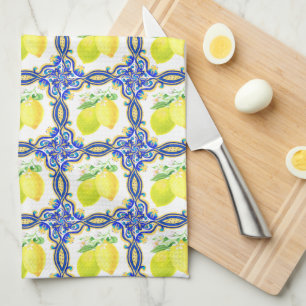 Linge De Cuisine Citron Méditerranéen Bleu Et Blanc