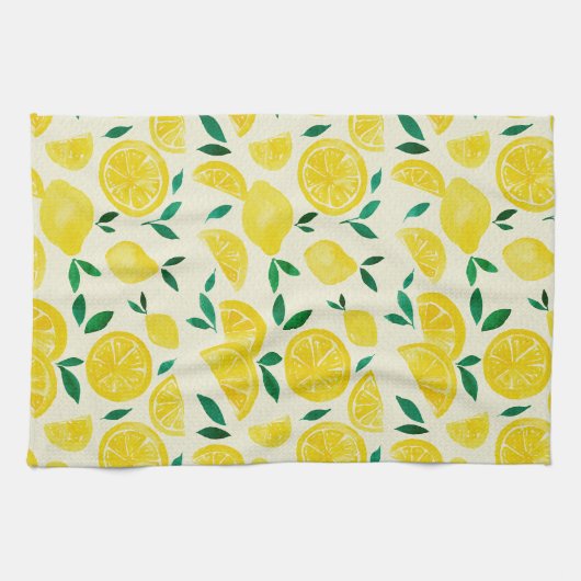 Linge De Cuisine citrons d'aquarelle - jaune et vert (Horizontal)