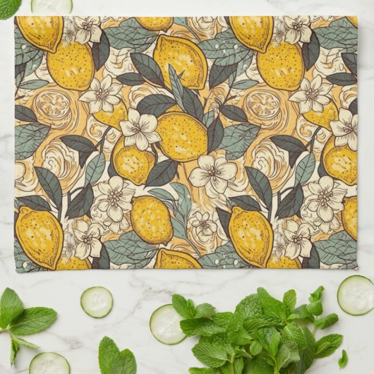 Linge De Cuisine Citrons d'été et fleurs blanches (Plié)
