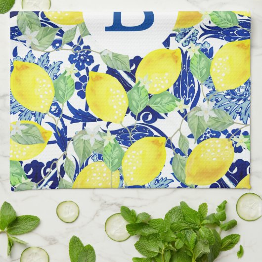 Linge De Cuisine Citrons rustiques et fleurs bleues | Monogramme (Plié)