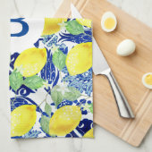 Linge De Cuisine Citrons rustiques et fleurs bleues | Monogramme (Quart Plié)