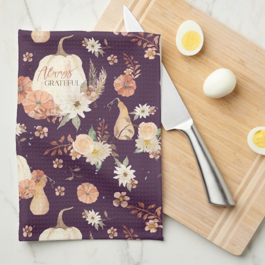 Linge De Cuisine Citrouille Automne Feuilles BOHO Floral Aquarelle (Quart Plié)