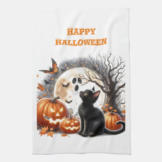 Linge De Cuisine Citrouille de chat de Jack O Lantern Halloween bla (Vertical)