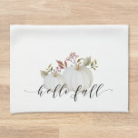 Linge De Cuisine Citrouille de fête Bonjour Automne Calligraphie<br><div class="desc">Serviette de cuisine festive sur mesure avec calligraphie moderne "hello fall" avec citrouille blanc aquarelle et feuillage.</div>