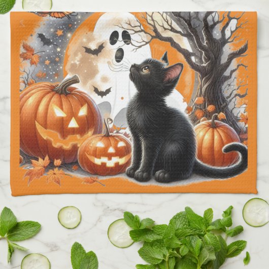 Linge De Cuisine Citrouille et chat de Jack O Lantern Halloween (Plié)