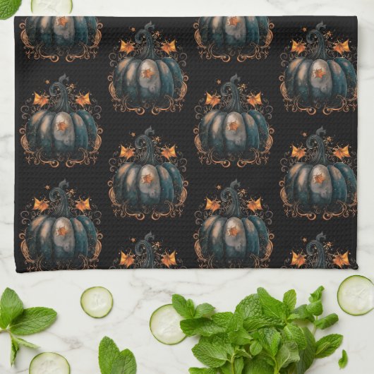 Linge De Cuisine Citrouille noir et or Motif Feuille Halloween (Plié)