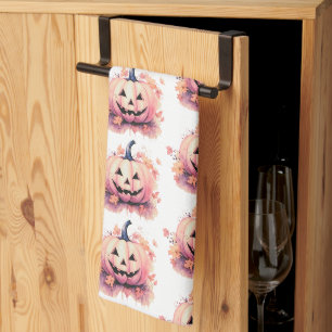 Linge De Cuisine Citrouille Orange Feuilles Blanches Halloween