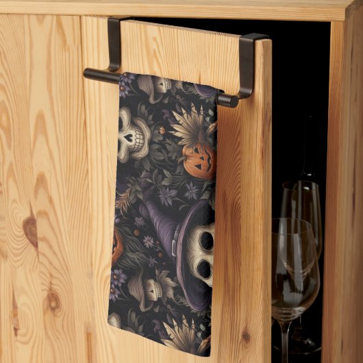 Linge De Cuisine Citrouilles Crânes Fleurs Halloween (Pliage en tiers)