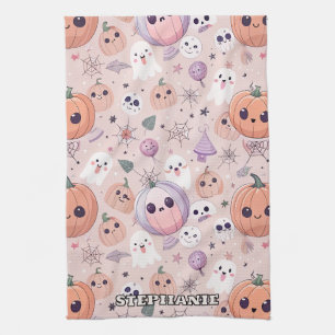 Linge De Cuisine Citrouilles et fantômes d'Halloween sur rose sans 