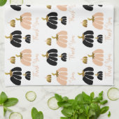 Linge De Cuisine Citrouilles stylisés en noir, blanc et or (Plié)