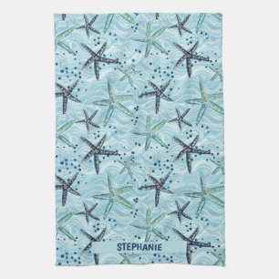 Linge De Cuisine Clair bleu et or Starfish sur Ocean Wave Motif