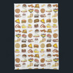 Linge De Cuisine Classic American Lunch Counter Greasy Spoon Diner<br><div class="desc">Design présente une illustration originale d'une rangée d'aliments classiques américains "cuillères grasses", tels que des oeufs, des brins de hachage, des anneaux d'oignon, tarte, café, glace, hamburger, gaufres, club sandwich, fromage grillé, crêpes, etc. Idéal pour vos gourmands ou amateurs de diners de train classiques. Cette illustration de l'alimentation du diner...</div>