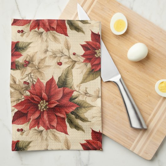 Linge De Cuisine Classic Holiday Tea Towel Rustic Red Floral Style (Quart Plié)