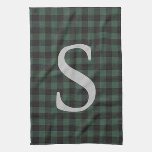 Linge De Cuisine Classic Vert Tartan Noir Plaid Monogramme (Vertical)