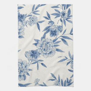 Linge De Cuisine Classique motif toile fleurie bleu eau-forte sur f