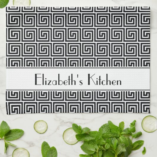 Linge De Cuisine Clé de méandre noire blanche (Plié)