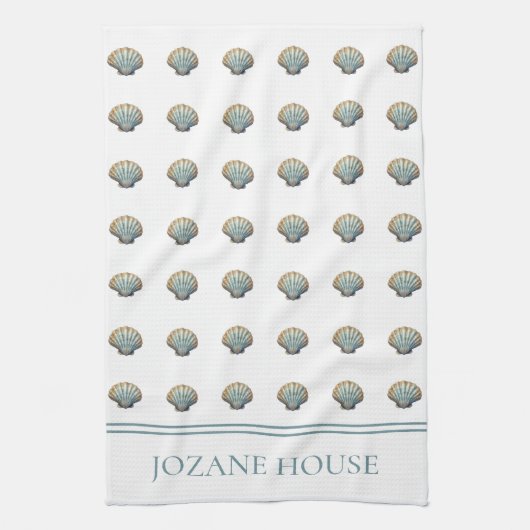 Linge De Cuisine Coastal Blue Scallop Seashell Personalized (Vertical)