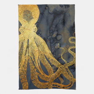 Linge De Cuisine Coastère Vintage Octopus Gold Black Blue Aquarell
