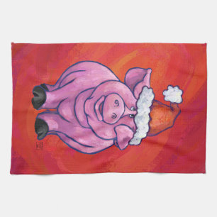Linge De Cuisine Cochon mignon à Santa Hat sur rouge
